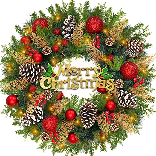 Photo 1 of 26 Inch 80 LED Large Prelit Christmas Wreath Decorations Front Door Timer “Merry Christmas” Battery Operated Realistic Spruce Tips 18 Glitter Ball Big 12 Pinecone 30 Berry 20 Cypress Xmas Decor Home
