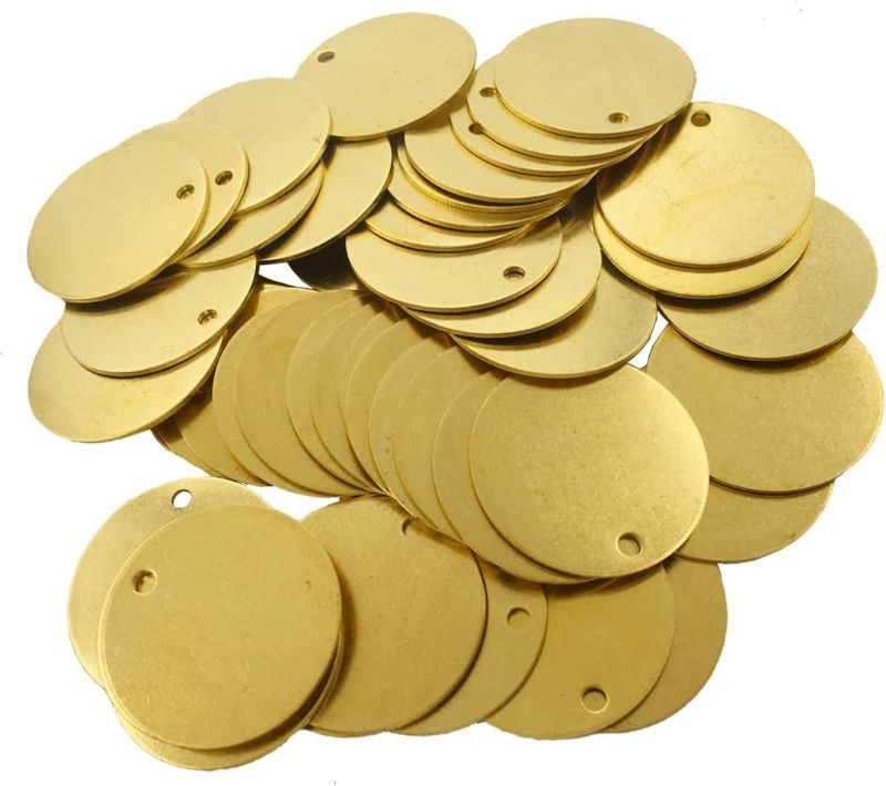 Photo 1 of 1.25”Brass Valve Tags Stamping Tags 0.04” Round Engraved Metal Blanks Chits with Hole for Pipe Valves, Equipment, Tool and Keys Labeling 50 Pack 