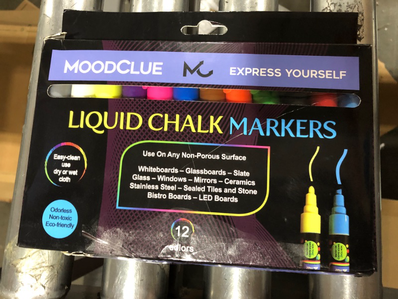 Photo 2 of MoodClue 12 neon erasable liquid chalk markers. Whiteboards, glass boards, chalkboards, windows, mirrors, car windshields, auto, glass. Odorless, non-toxic. Wet or dry erase. Thick and thin tip