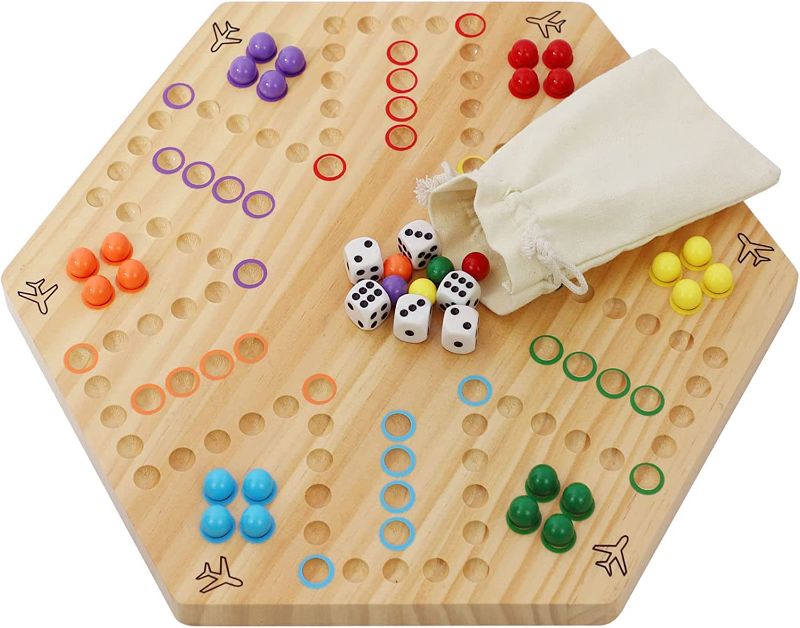 Photo 1 of HOROW Large Original Marble Game Wahoo Board Game Double Sided Painted Wooden Fast Track Board Game for 6 and 4 Players 6 Colors 24 Marbles 6 Dice for Family Friends and Party (Extra-Large Size)