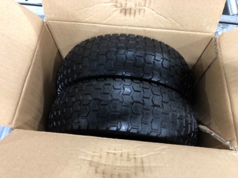 Photo 2 of 2 Pack Small 13x5.00-6 Flat Free Tire,Turf Tread,2.25"offset hub with steel rim ,5/8" ball bearing , Tire OD:299-309mm,12'',Tire SW:88.5-94.5mm, PU Foam wheel,small solid trolley wheel