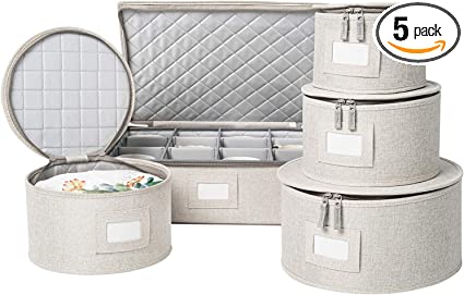 Photo 1 of 
StorageLAB China Storage Set, Hard Shell and Stackable, for Dinnerware Storage and Transport, Protects Dishes Cups and Mugs, Felt Plate Dividers Included (Cream, 5 Piece Quilted Set for China Storage)

