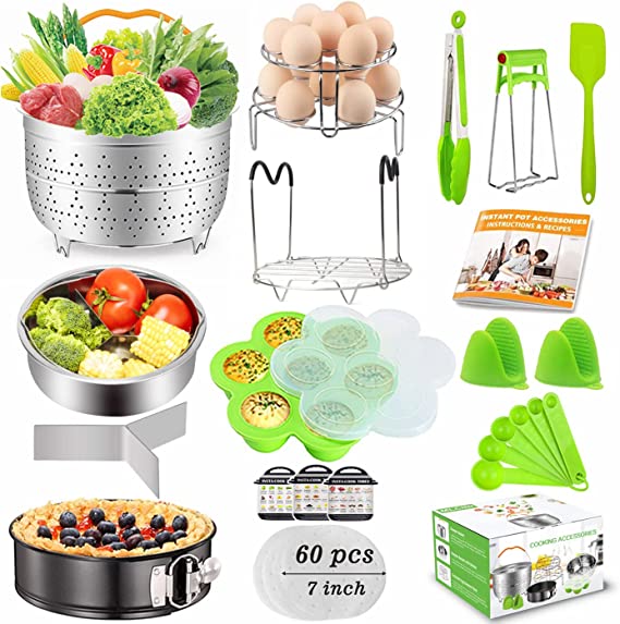 Photo 1 of 20Pcs Accessories for Instant Pot 6 qt 8qt, Ninja Foodi 8qt - 60 Pcs Parchment Papers, 2 Steamer Baskets, Springform Pan,Stackable Egg Steamer Rack, Instruction & Recipes Book
