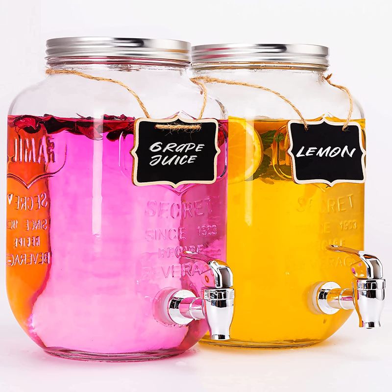 Photo 1 of 2 Pack Drink Dispenser Beverage Dispenser with Spigot Each 1 Gallon Glass Drink Dispensers for Parties Lemonade Sangria Dispenser Mason Jar Drink Dispensers with Chalkboards
