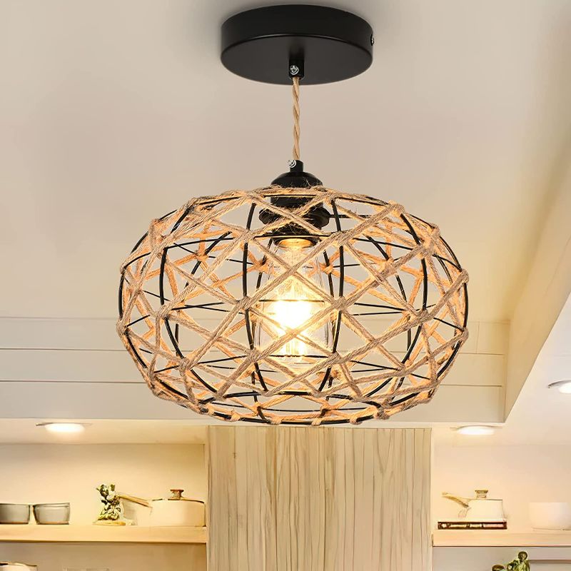 Photo 1 of Alynzee Rattan Pendant Light,Wicker Light Fixtures Ceiling Hanging,Boho Hanging Light with Adjustable Hand Woven Hemp Rope Basket Pendant Lamp Woven Chandelier for Bedroom Kitchen Island Dining Room