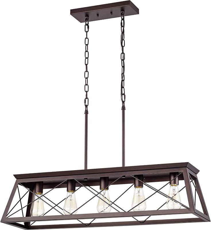 Photo 1 of ACLand Farmhouse Linear Chandelier 5 Light Kitchen Island Pendant Lighting Industrial Metal Hanging Ceiling Light Fixture for Dining & Living Room (Oil Rubbed Bronze) 