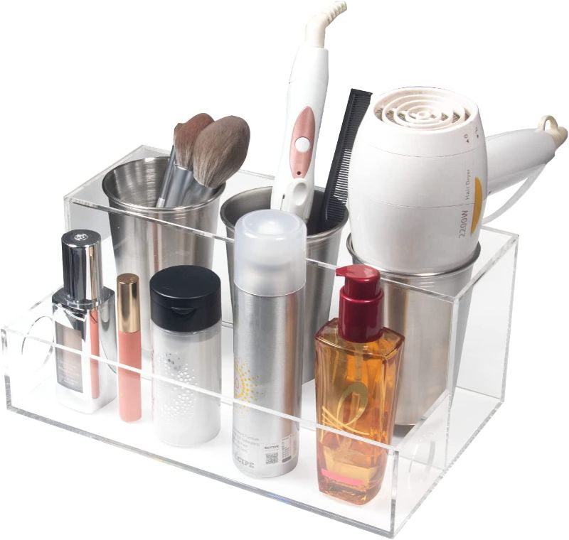 Photo 1 of A & R Hair Tool Organizer, Clear Acrylic Blow Dryer Holder, Hair Dryer Organizer for Countertop, Bathroom & Vanity with 3 Heatproof Steel Cups 