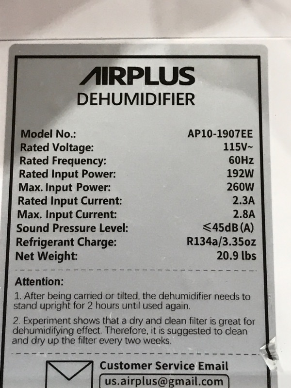 Photo 3 of AIRPLUS 1,500 Sq. Ft 30 Pints Dehumidifier for Home and Basements with Drain Hose(AP1907)
