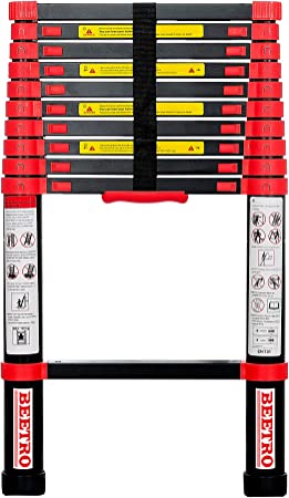 Photo 1 of BEETRO 10.5 ft Aluminum Telescoping Ladder, Extension Folding Ladder, Multipurpose Ladder for Roofing Business, Outdoor Working, Household Use and More, 330lb Capacity, Red
