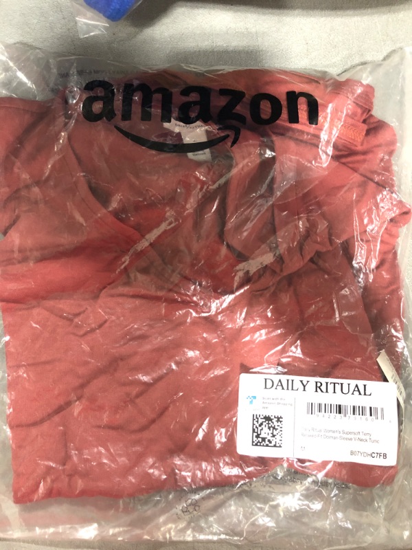 Photo 1 of [Size Med] Amazon Essentials Women's Supersoft Terry Relaxed-Fit Dolman-Sleeve V-Neck Tunic (Previously Daily Ritual) Rayon Blend Brick Red Medium