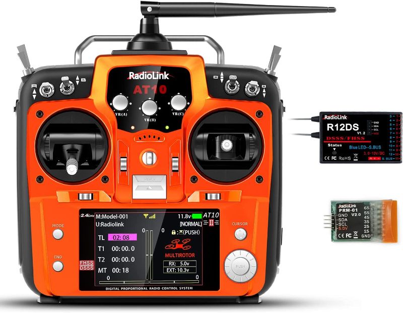 Photo 1 of Radiolink AT10II 12 Channels RC Transmitter and Receiver R12DS 2.4GHz Radio Remote, Voltage Telemetry for RC Airplane, FPV Racing Drone, Quad, Helicopter, Car and Boat (Mode 2 Left-Hand Throttle) Orange