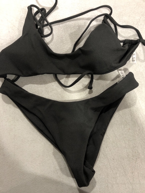 Photo 2 of [Size M] ZAFUL Women's Textured Strappy High Waist Bikini High Cut Two Pieces Swimwear Set- Black
