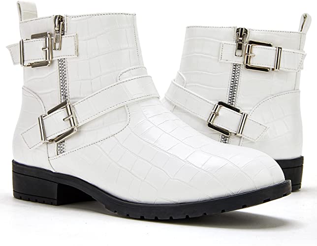 Photo 1 of [Size 9] TINSTREE Women’s Fashion Buckle Ankle Booties Leather Double Strap Zipper Round-Toe Motorcycle Boots White