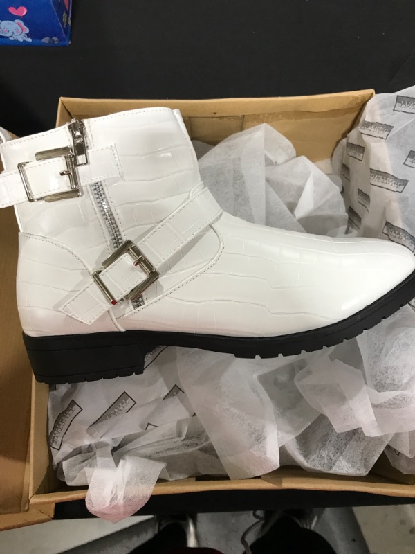 Photo 2 of [Size 9] TINSTREE Women’s Fashion Buckle Ankle Booties Leather Double Strap Zipper Round-Toe Motorcycle Boots White