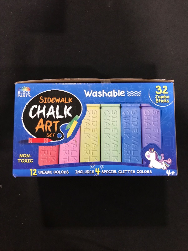 Photo 2 of Block Party Sidewalk Chalk 32-Piece Art Set - BIG BOLD Colors Includes 4 Glitter Chalk That Sparkle, Square Non-Roll Kids Chalk, Washable