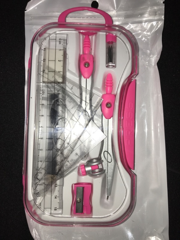 Photo 2 of Unjoo Math Geometry Kit Sets 10 Piece Student Supplies with Shatterproof Storage Box,Includes Rulers,Protractor,Compass,Eraser,Pencil Sharpener,Lead Refills,Pencil,for Drafting and Drawings?pink? 