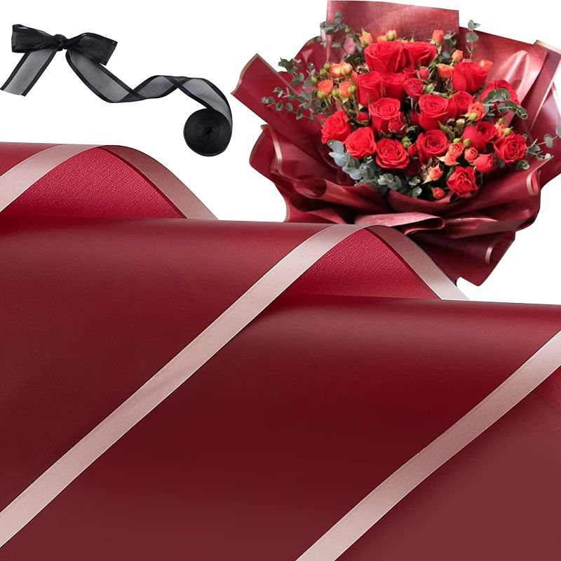 Photo 2 of 20 Sheets Flower Wrapping Paper Florist Bouquet Supplies Waterproof Floral Wrapping Paper with Ribbon, 22.8x22.8 inch (Burgundy)
