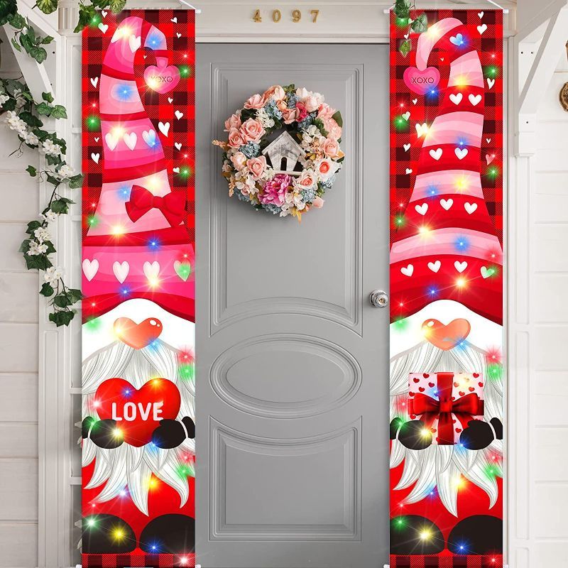 Photo 1 of 2 Pieces Valentine's Day Outdoor Decorations Valentine Hanging Porch Signs Banner Romantic Holiday Door Banner Decoration with Light Strings and Pins for Yard Front Door Home Garage Wall Decor 