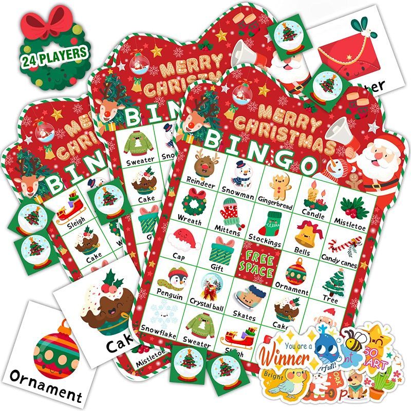 Photo 1 of 39Pcs Christmas Bingo Game for Kids Toddlers Adults, 24 Players Bingo Cards Christmas Games with 40Pcs Reward Stickers for Classroom Activities Family Party Favors Xmas Gifts Holiday Supplies 