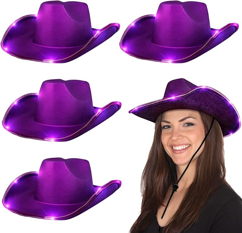Photo 1 of Airsnigi 4 Pieces Light Up Cowboy Hat for Women, Purple Holographic Space Cowgirl Hat Halloween Cow Girl Costume Accessories, Fun Rodeo Party Hats for Kids, Girls and Women 