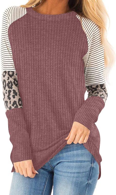 Photo 1 of IWOLLENCE Women's Long Sleeve Tops Waffle Knit Tunics Leopard Stripe Color Block Casual Shirts Round Neck Sweatshirt L
