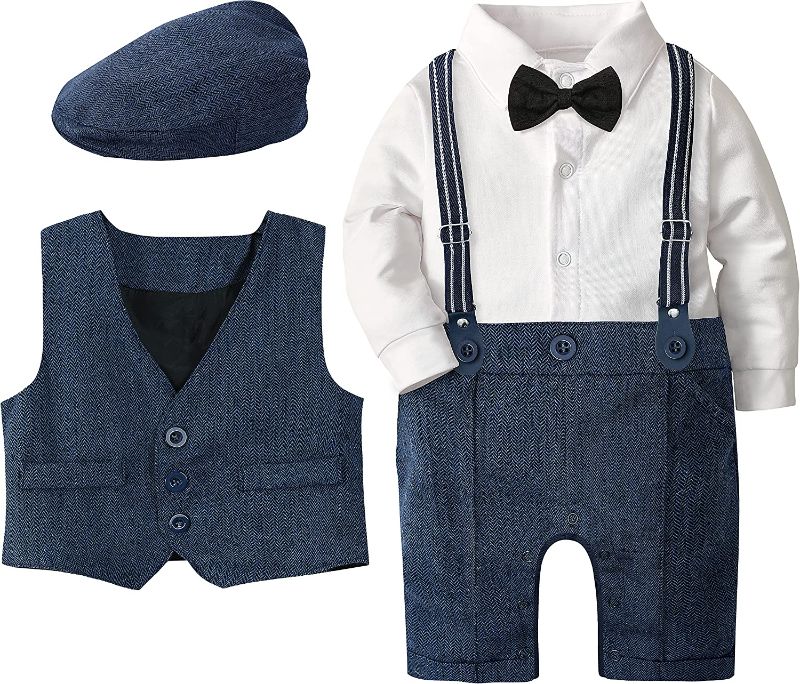 Photo 1 of A&J DESIGN Baby Boys Outfit Set, 3pcs Gentleman Romper & Vest & Berets Hat (3-6mo)