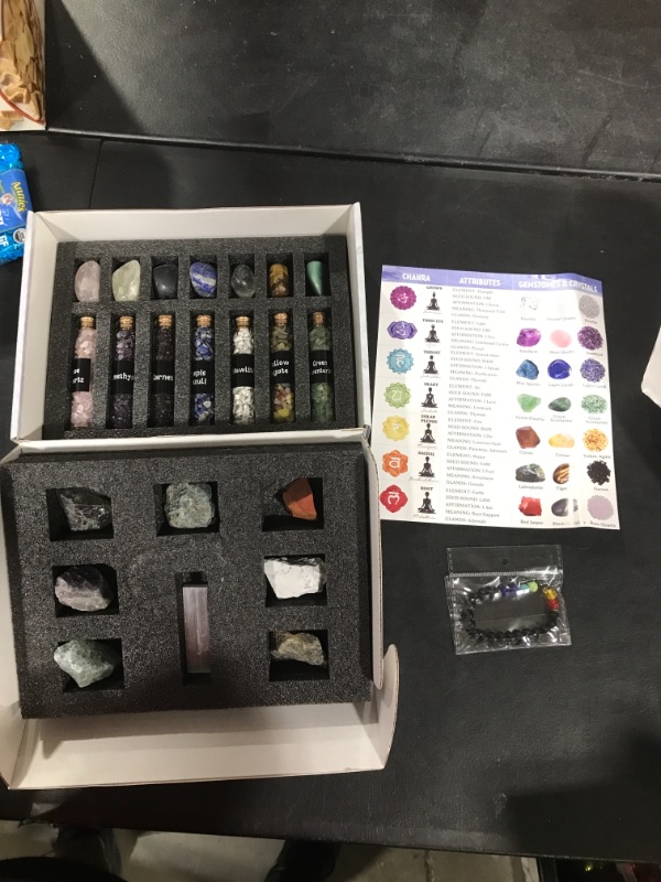 Photo 2 of 24 Pack Healing Crystals Set for Beginners - Chakra Balancing Stones Kit for Meditation Yoga Witchcraft - 14 Tumbled & Rough Stones, 7 Bottles Crystal chips, 1 Lava Bracelet, 1 Selenite Charging Plate