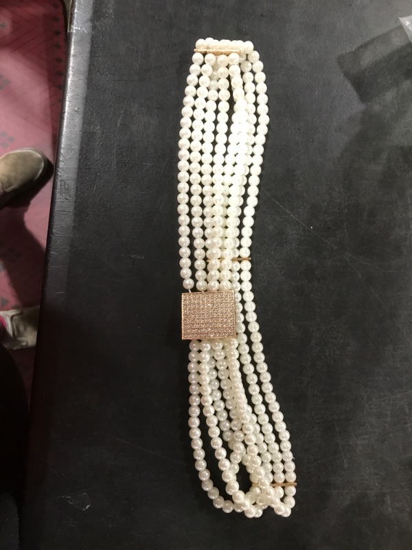 Photo 2 of 4 Pcs Elastic Pearl Belt for Women Pearl Saree Belt Beaded Belt Stretch Bridal Belts and Sashes with Pearls Rhinestone Buckle Bridesmaid Dress Girl Waist Chain for Dress Wedding