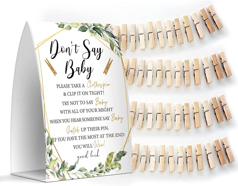 Photo 1 of Don't Say Baby Set - One 5x7 Sign and 50 Mini Clothespins, Baby Shower Games (design varies)