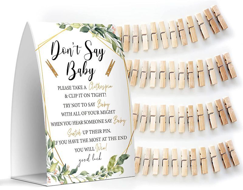 Photo 1 of Don't Say Baby Set - One 5x7 Sign and 50 Mini Clothespins, Baby Shower Games (design varies)