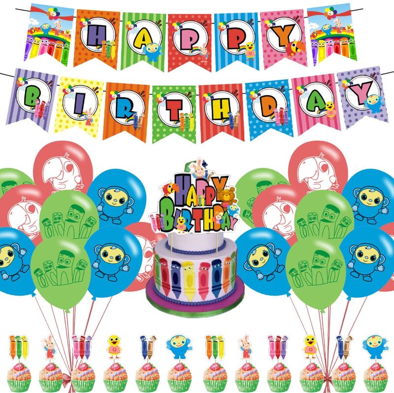 Photo 1 of 32 Pcs Babyfirst Color Crew Theme Birthday Party Decorations, with 1 Happy Birthday Banner Garland , 13 Cupcake Toppers,18 Balloons 
