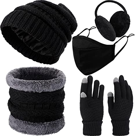 Photo 1 of 5 Pieces Winter Knitted Satin Lined Beanie, Gloves, Earmuffs, Mask Set, Black 