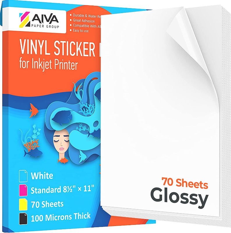 Photo 1 of Printable Vinyl Sticker Paper - Waterproof Decal Paper for Inkjet Printer - 70 Self-Adhesive Sheets - Glossy White - Standard Letter Size 8.5"x11" 