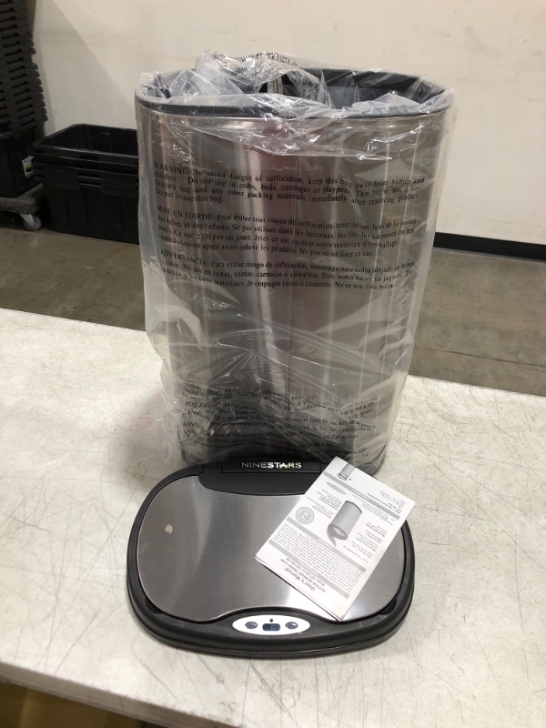 Photo 2 of NINESTARS DZT-50-13R Automatic Touchless Infrared Motion Sensor Trash Can/Recycler, 13 Gal 50L, Stainless Steel Base (Oval, Black/Silver Lid) 13 Gal Trash Can