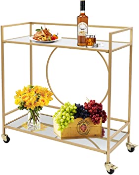 Photo 1 of  Gold Mirror Rolling Serving Bar Cart on Lockable Wheels, Wine Drink Liquor Cart Stand