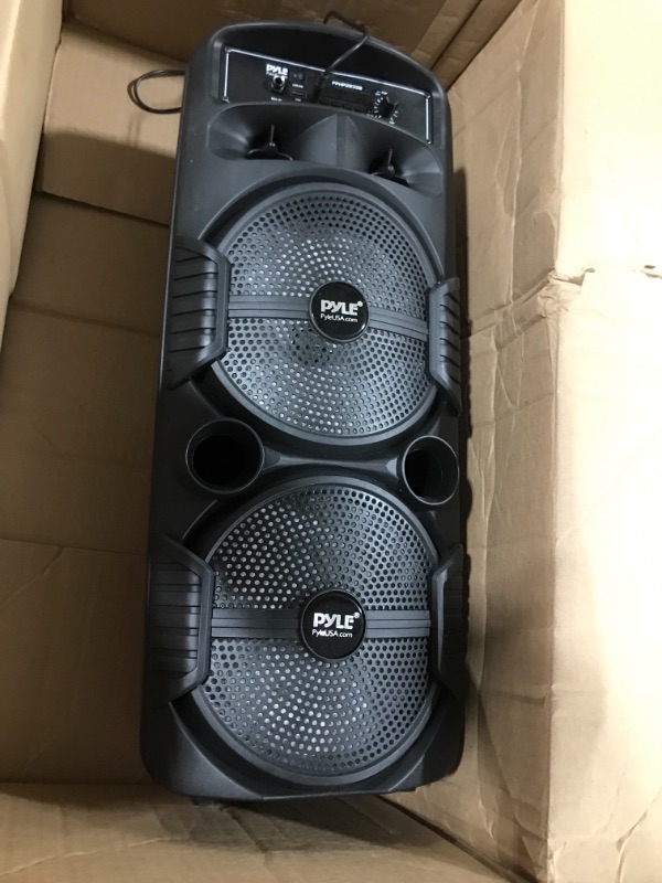 Photo 1 of Pyle Portable Bluetooth PA Speaker System - 600W Rechargeable Outdoor Bluetooth Speaker Portable PA System w/ Dual 8” Subwoofer 1” Tweeter, Microphone In, Party Lights, USB, Radio, Remote - PPHP2835B