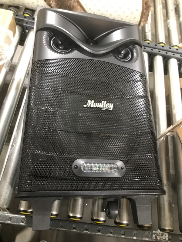 Photo 2 of Moukey Karaoke Machine, PA System Subwoofer, Portable Bluetooth Speaker w/ 2 Wireless Microphones, Lyrics Display Holder, Party Lights & Echo/Treble/Bass Adjustment, Support TWS/REC/AUX/MP3/USB/TF/FM 10" Subwoofer