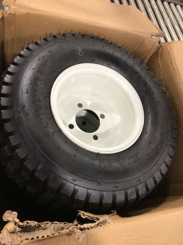 Photo 2 of (2-Pack) 18” Tubeless Tires On Rims - 18x8.5-8 Tire and Wheel Assemblies - 4-Lug 4” Center - 2.83” Center Bore - Load Range B Max Tire Weight of 815 Lbs - Compatible with Alumacraft Boat Trailers 18"x8.5-8" white