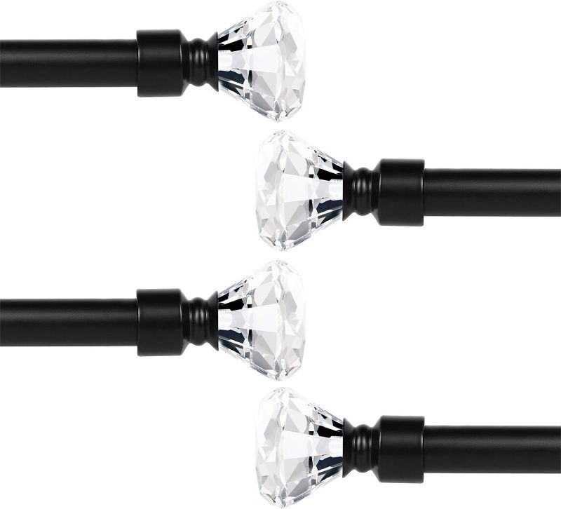 Photo 1 of 4 Pack Crystal Diamond Manhattan 1" Single Rod Drapery Curtain Window Rod Set - 22" to 42", Black Curtain Rod Cafe Window Rods
