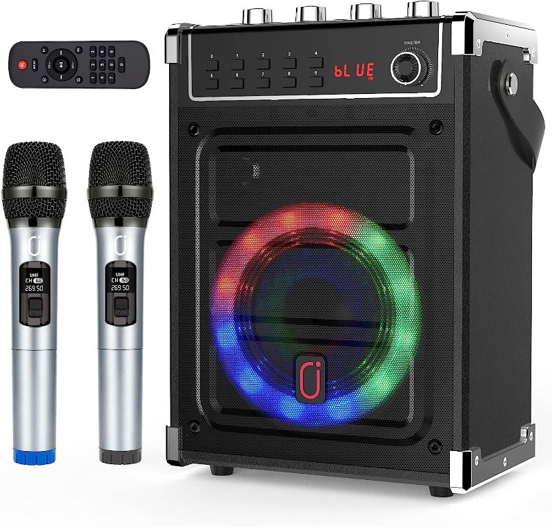 Photo 1 of JYX Karaoke Machine with 2 UHF Wireless Microphones, Bluetooth Speaker with Bass/Treble Adjustment and LED Light, PA System Support TWS, AUX in, FM, REC, Supply for Party/Adults/Kids - Black
