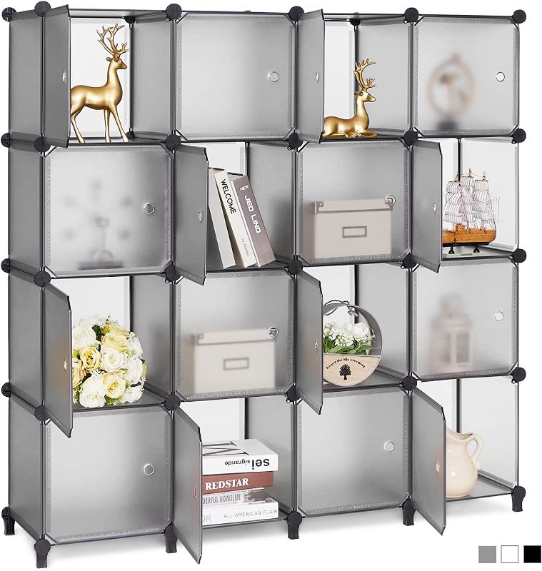 Photo 1 of ANWBROAD Cube Storage Organizer, 16-Cube Modular DIY Book Shelf with Doors, Closet Clothes Organizer, Plastic Storage Cubbies Cabinet for Living Room Bedroom Office Gray ULCS16HM
