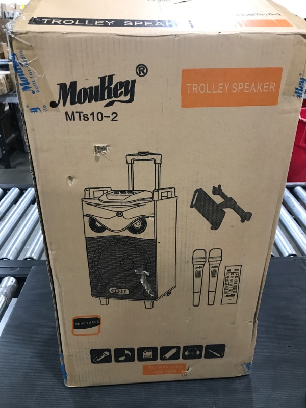 Photo 3 of Moukey Karaoke Machine, PA System Subwoofer, Portable Bluetooth Speaker w/ 2 Wireless Microphones, Lyrics Display Holder, Party Lights & Echo/Treble/Bass Adjustment, Support TWS/REC/AUX/MP3/USB/TF/FM 10" Subwoofer