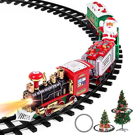 Photo 1 of AOKESI Electric Train Set for Kids, Battery-Powered Train Toys with Light, Railway Kits w/ Steam Locomotive Engine, Cargo Cars & Tracks, Classic Toy Train Set Gifts for 3 4 5 6 Years Old Boys Girls
