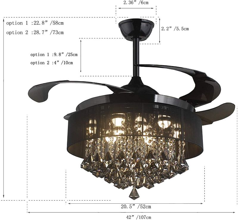 Photo 6 of AFANQI 42" Crystal Ceiling Fan with Light Chandelier with 3 Speed 3 Color Indoor LED Remote Control Chandelier Retractable Fandelier, Luxury Lighting for Dining Room Decorate(42" Black Crystal) 42"Black