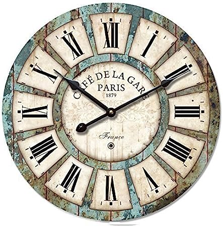 Photo 1 of 12" Vintage Roman Numeral Design Wood Clock - Eruner France ParisCafé De La Gare Colourful French Country Tuscan Style Non-Ticking Silent Wooden Wall Clock (#03, Non-Ticking)