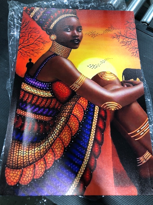 Photo 3 of African Women Portrait Canvas Wall Art for Living Room Decor Colorful African Girl Oil Paintings Brown Kitchen Wall Decor Artwork Home Decor Room Wall Pictures Framed 48x24 Inch 48”X24” African women 09