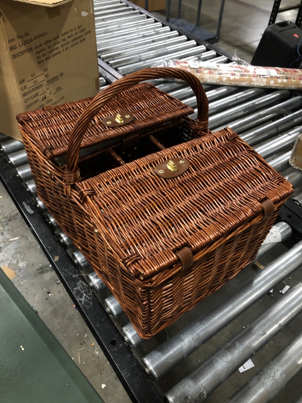 Photo 2 of 4 Person Wicker Picnic Basket Set with Utensils, Glasses, and Insulated Cooler Bag, Outdoor Tableware for Family Gatherings