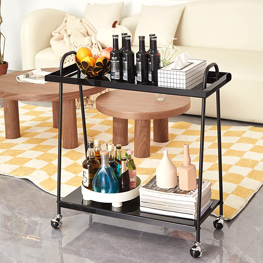 Photo 1 of zizin Bar Cart 2-Tire Mobile Home Bar Serving Cart,Brown Wine Cart on Wheels, Black Beverage Carts