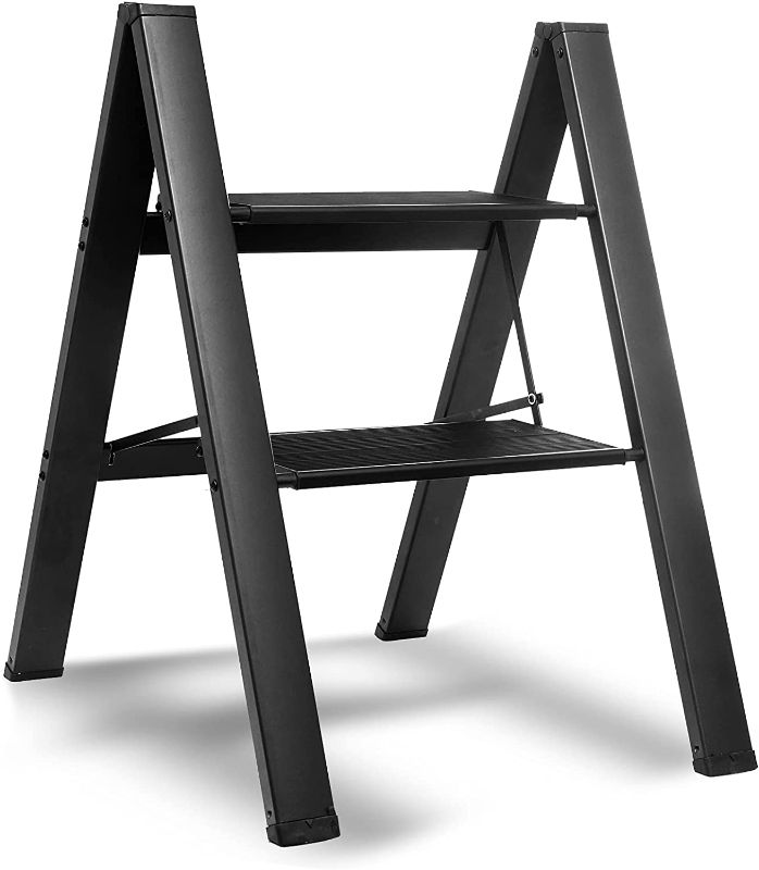 Photo 1 of ZUZHII 2-Step Aluminum Lightweight Folding Step Stool Ladder with Anti-Slip and Expanded Pedal for Home and Kitchen, 330lbs Capacity, Black 