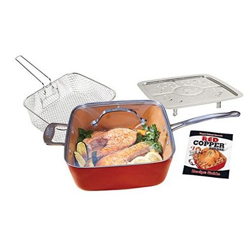 Photo 1 of 11198 Red Copper Square Pan 5 Piece Set , 10-Inch Pan, Glass Lid, Fry Basket, & More
